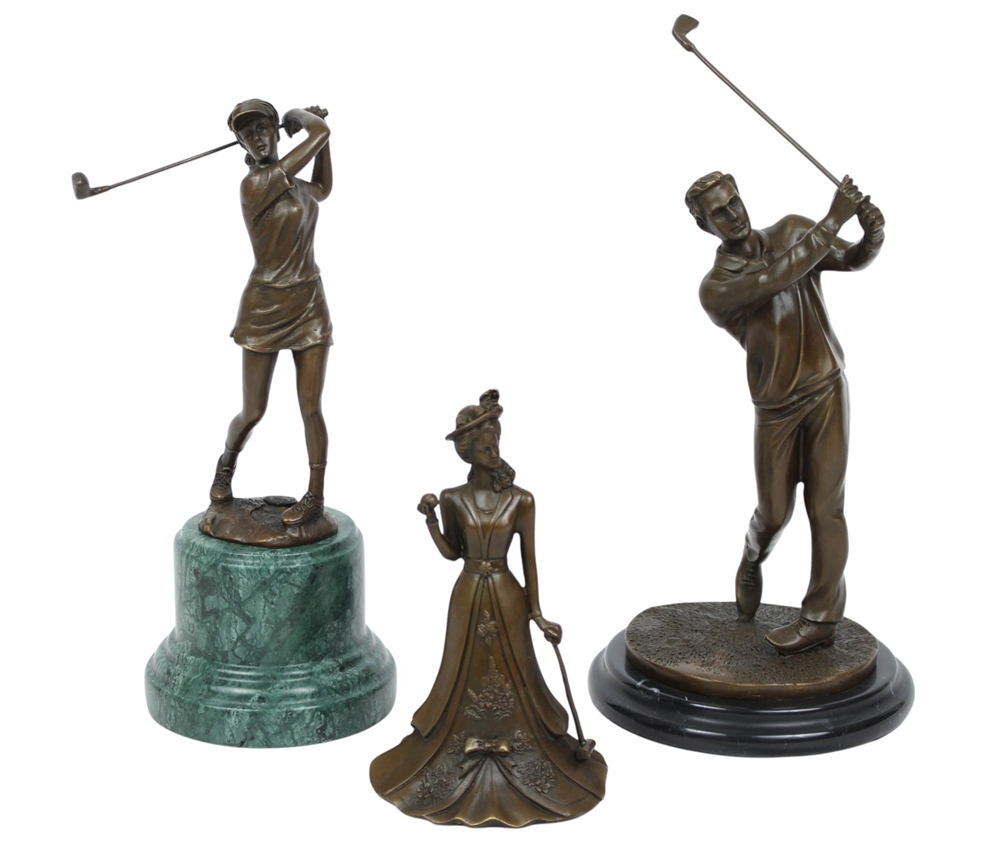 3er Set Bronzefiguren 2 Golfer Bronzeskulpturen und Golferin Tischglocke 17–32,5 cm Golfdekoration