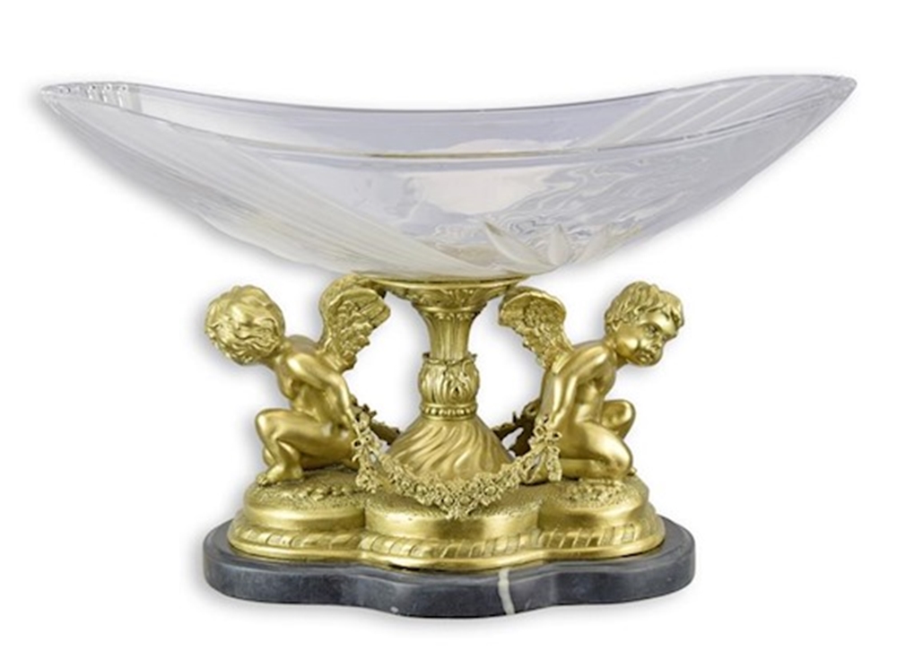 Antike Anbietschale mit Glasschale Länge 37,5 cm kunstvolle Bronzeskulptur Engel Bronzefigur