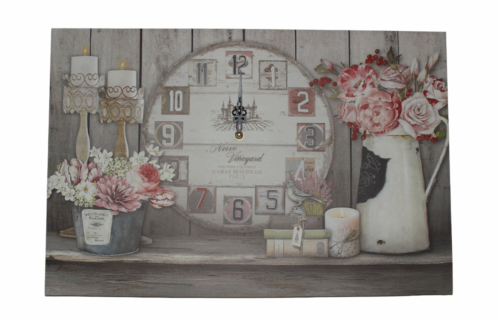 Nostalgie LED-Wandbild Blumen Deko Bild mit integrierter Uhr 40x60 cm Leinwandbild