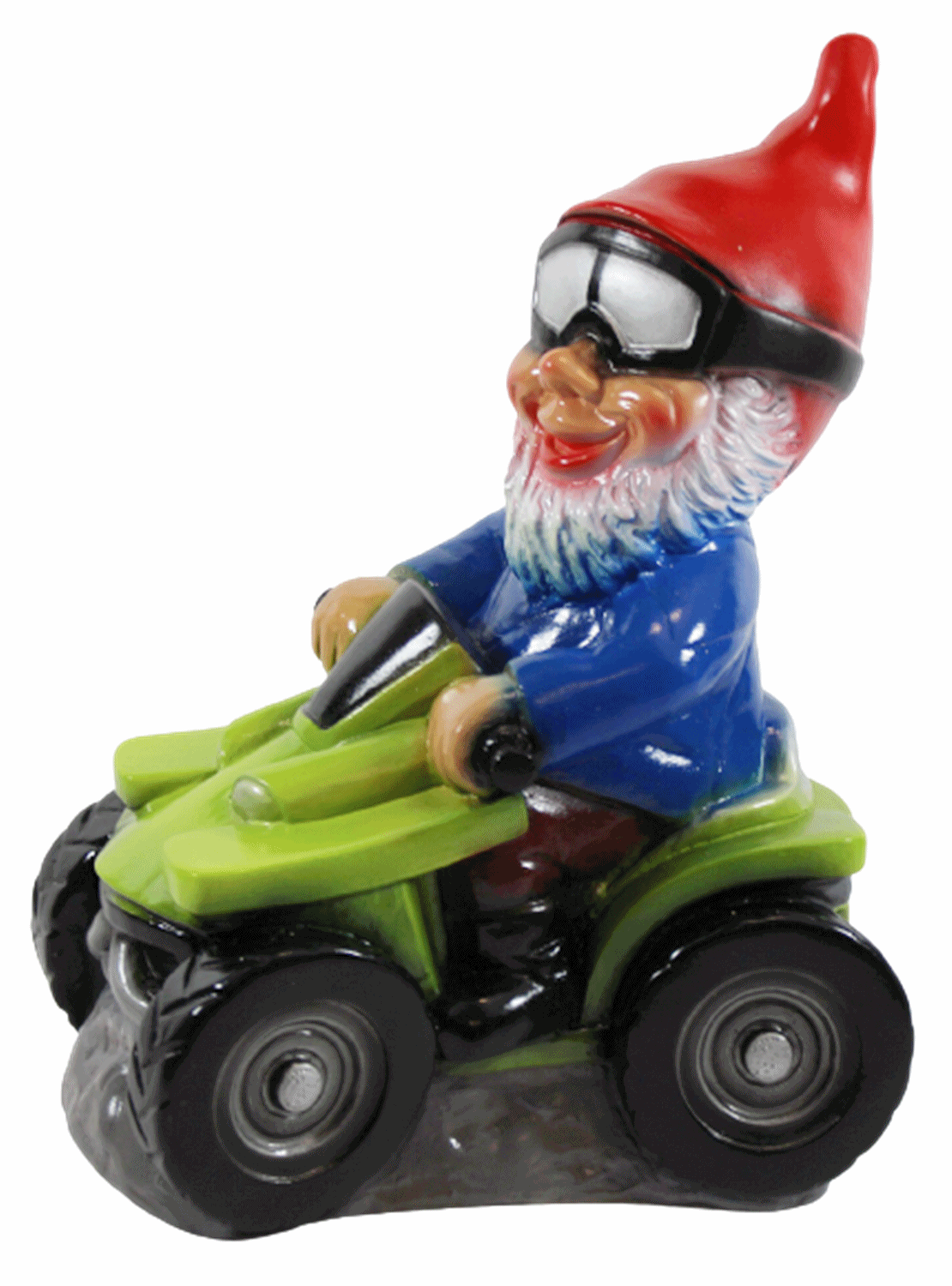 Gartenzwerg Deko Garten Figur Zwerg sitzend auf Quad mit Schutzbrille aus Kunststoff H 29 cm