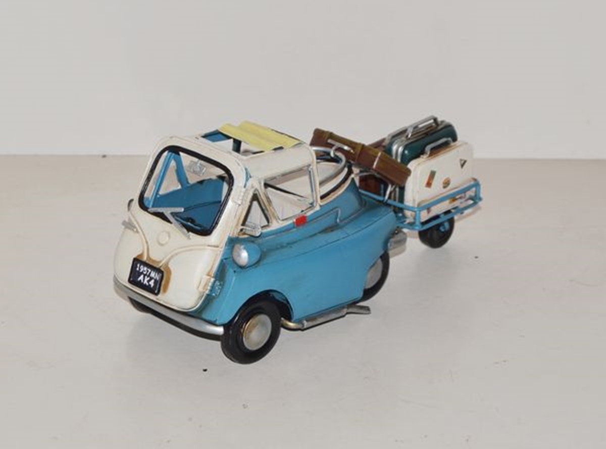 Blechauto Nostalgie Modellauto Oldtimer Automarke Isetta blau-weiß mit Hänger Länge 25 cm aus Blech
