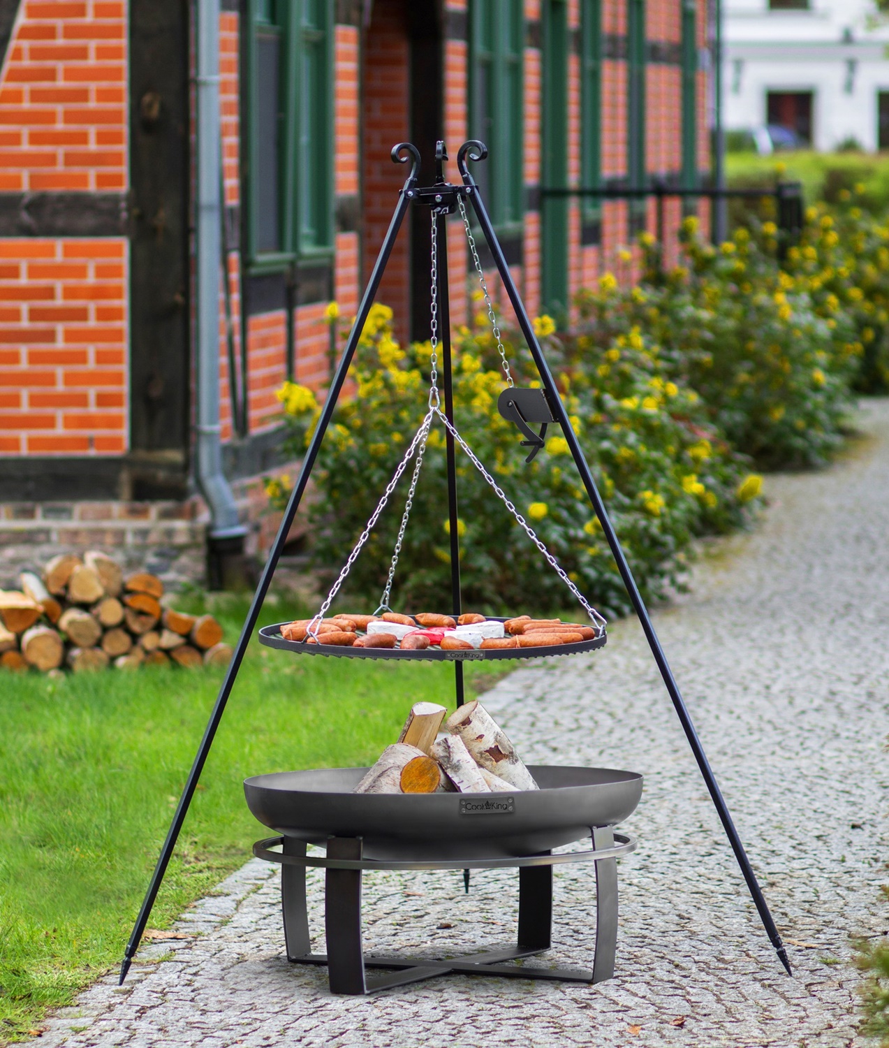 Set: Dreibein H 180 cm mit  Grillrost Ø 60 cm Rohstahl und Kurbel + Feuerschale "Viking" Ø 70 cm