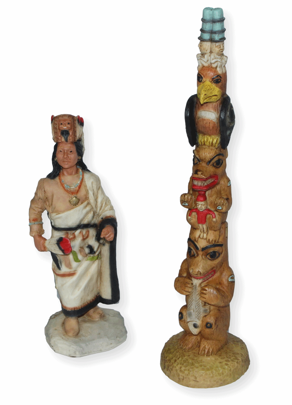 Indianerfigur Seattle Häuptling Duwamish H 17 cm mit Totempfahl H 25,5 cm Native American Castagna