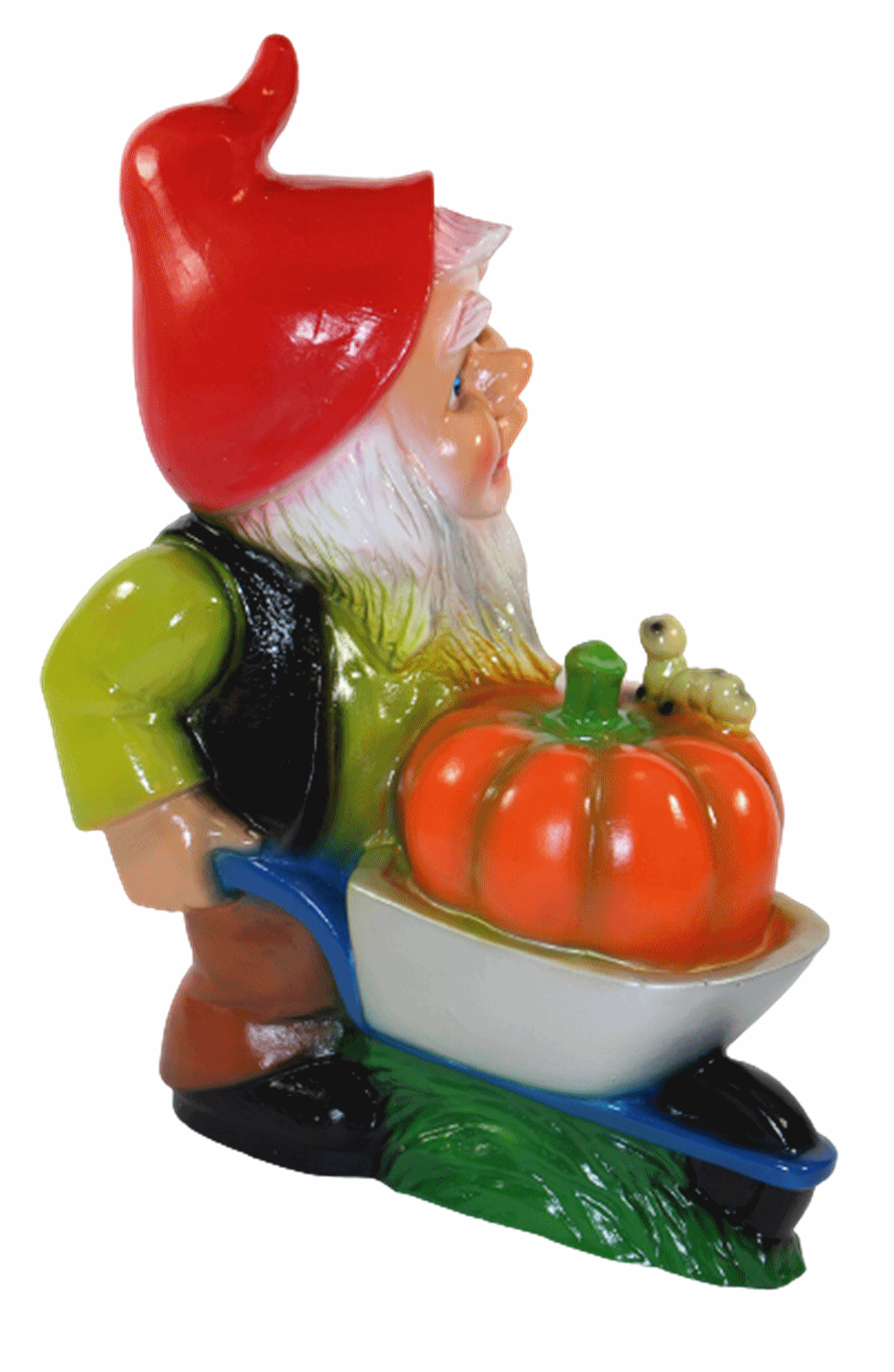 Gartenzwerg Deko Garten Figur Zwerg Gärtner stehend mit Schubkarre und Kürbis aus Kunststoff H 35 cm