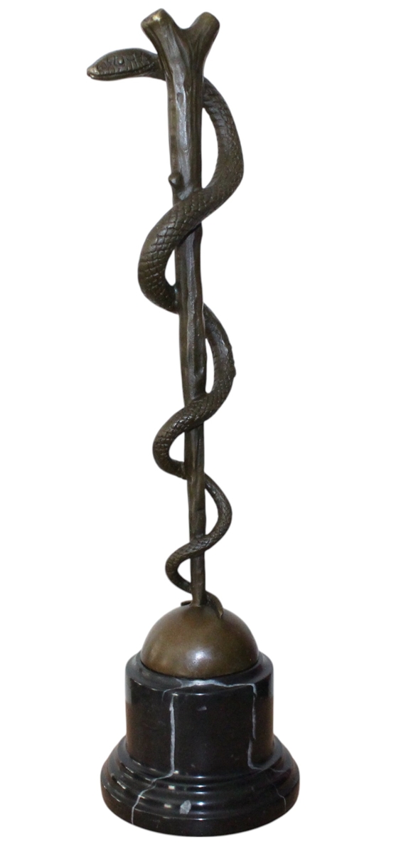 Bronzefigur Bronzeskulptur Äskulapstab Schlange aus Bronze auf Sockel H 38 cm Deko Figur