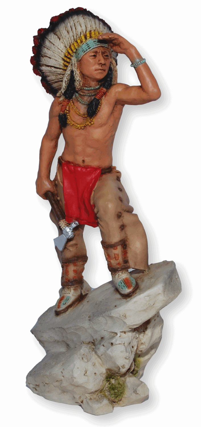 Indianerfigur Plenty Coups Häuptling Crow H 21 cm mit Kopfschmuck stehend auf Felsen Castagna