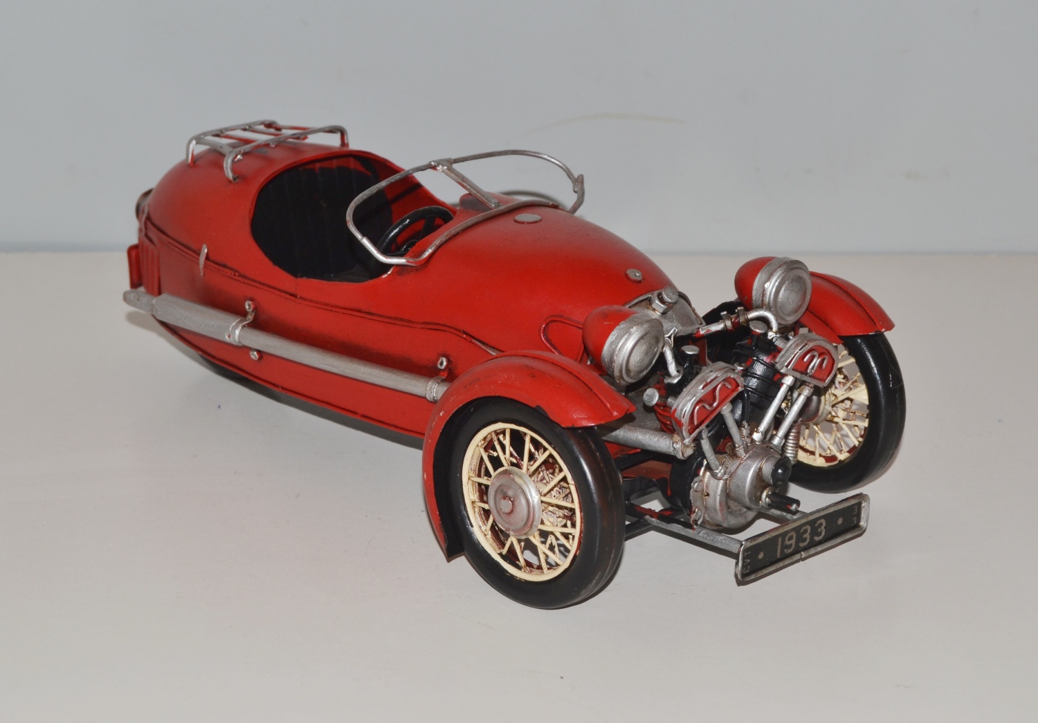Blechauto Nostalgie Modellauto Oldtimer Automarke Morgan Threewheeler Modell 1933 aus Blech L 34 cm