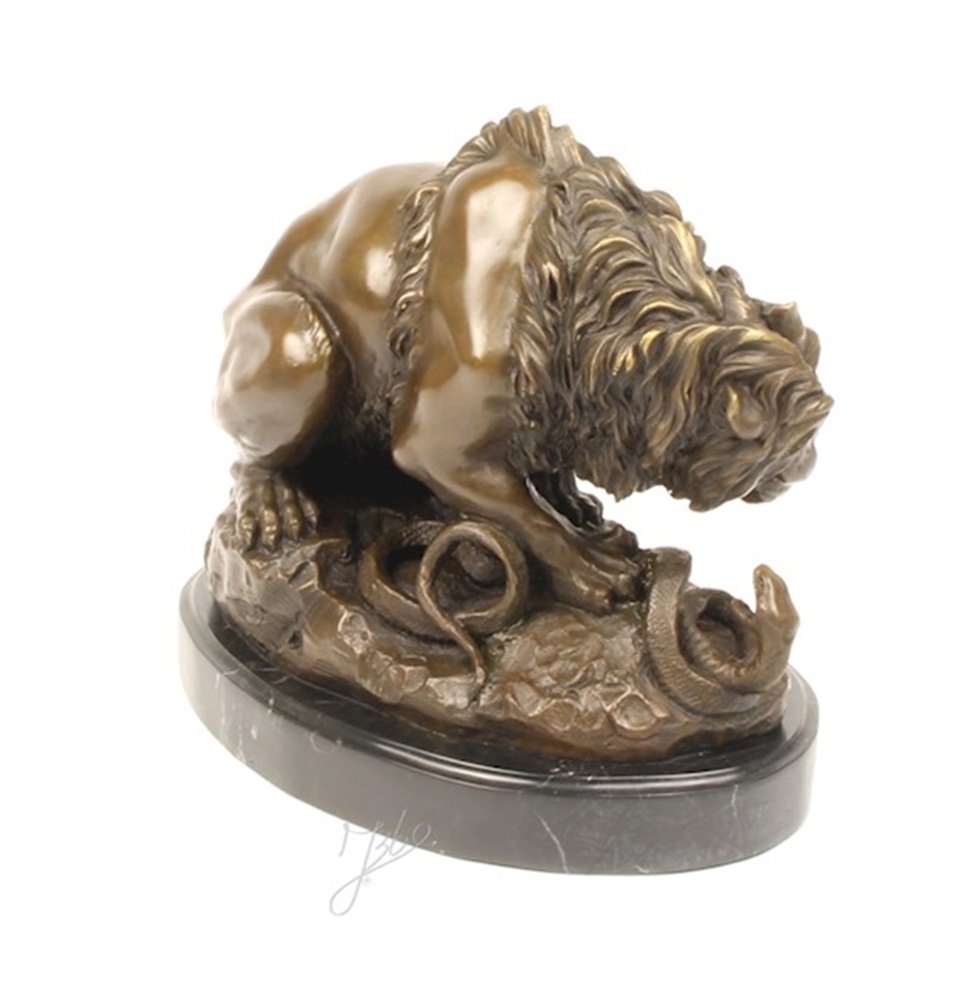 Bronzefigur Bronzeskulptur Löwe im Kampf gegen Schlange auf Sockel H 24 cm Bronze Figur