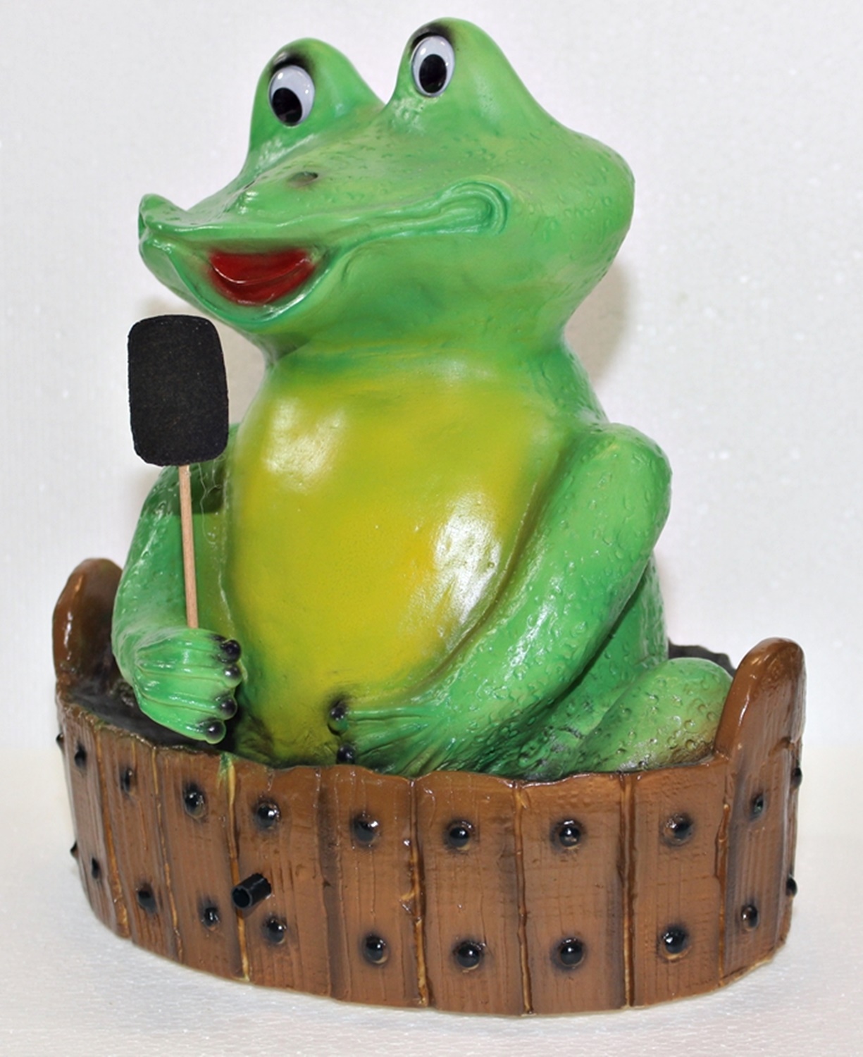 Deko Figur lustiger Frosch badend im Zuber H 28 cm mit Scherz Bewegungsmelder Quak Gartenfigur