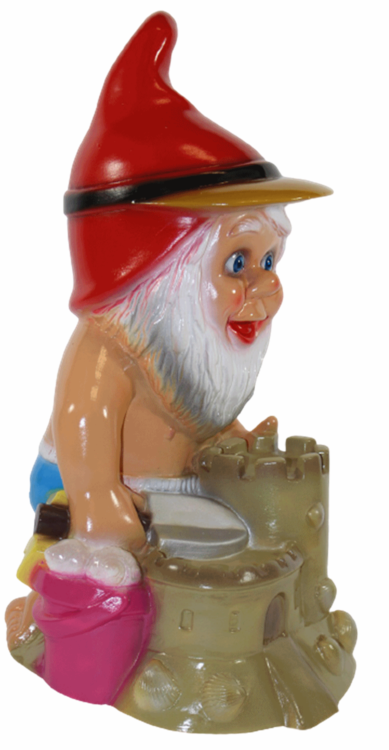 Gartenzwerg Deko Garten Figur Zwerg Kind kniend mit Sandburg und Schaufel aus Kunststoff H 31 cm
