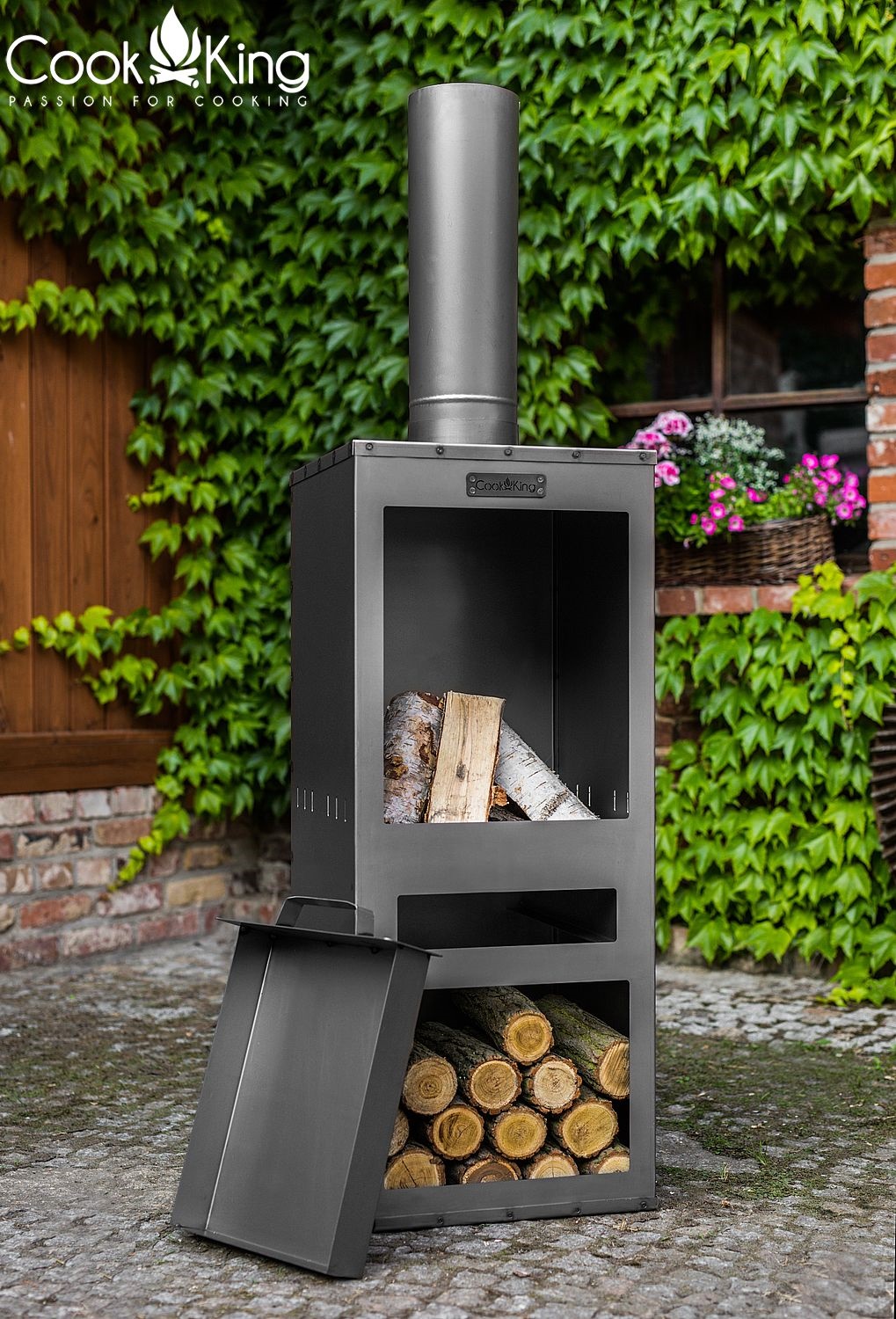 Gartenkamin "Rosa" Gartenofen H 150 cm zum Heizen und Grillen Terrassenofen aus Naturstahl Kamin