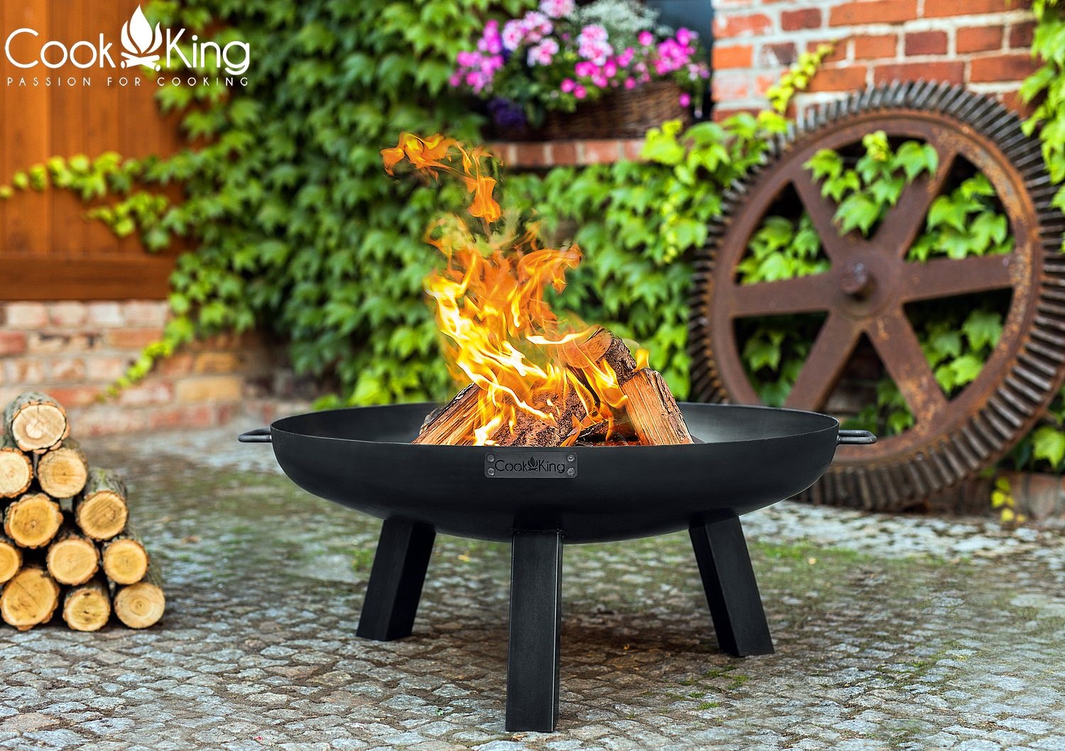 Set: Dreibein H 180 cm mit Grillrost Ø 60 cm aus Rohstahl + Feuerschale "Polo" Ø 70 cm Grillen