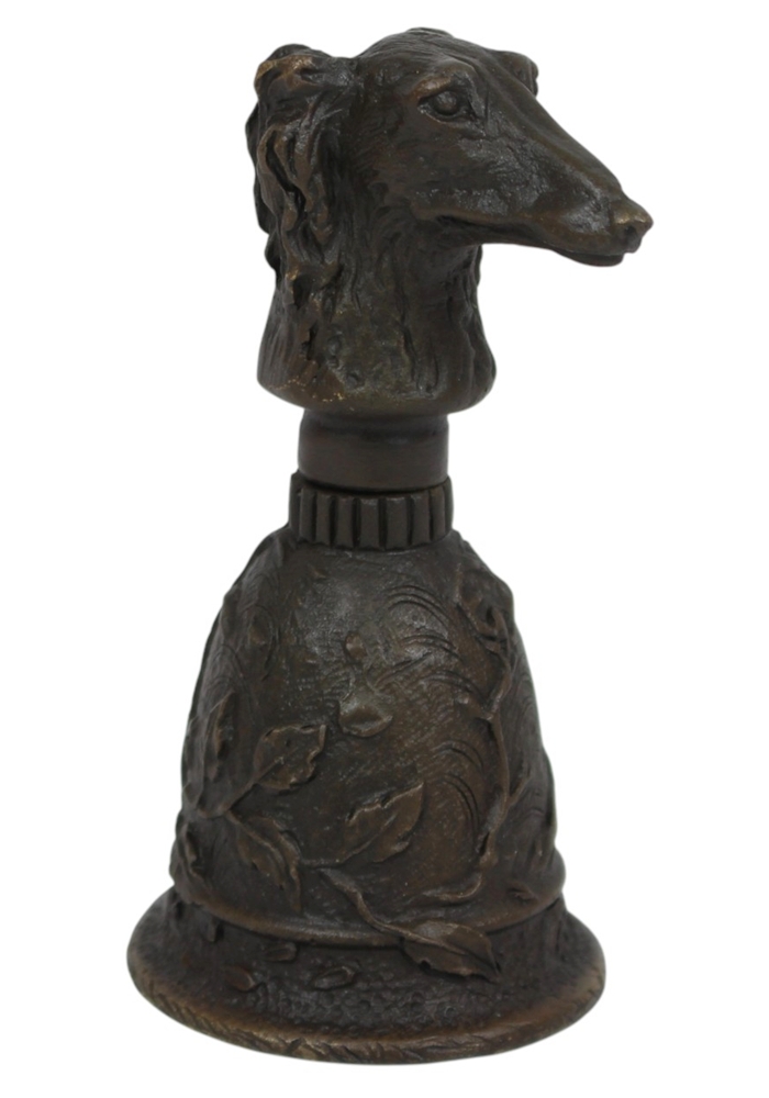 Bronzefigur Hund als Tischglocke H 9,8 cm Barsoi Windhund Bronze Handglocke mit Hundekopf Jugendstil