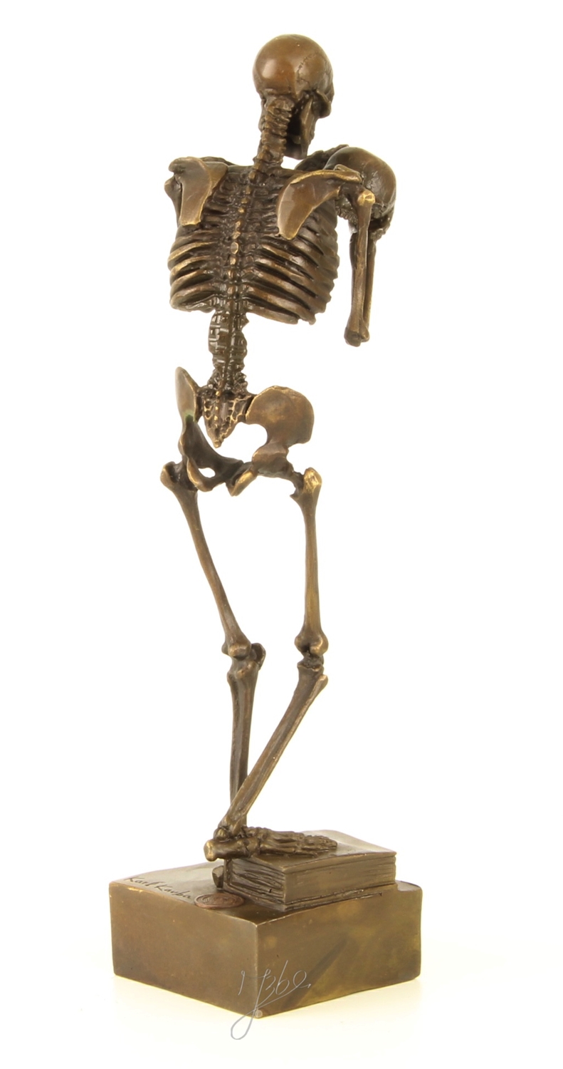 Bronzefigur Bronzeskulptur Skelett Mensch mit Schädel aus Bronze auf Sockel H 28 cm Deko Figur