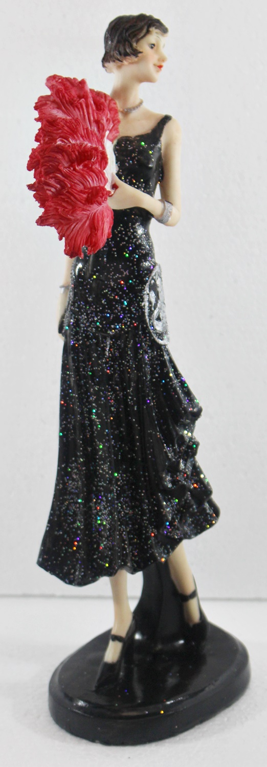 Beauty Figur Deko Modefigur Modepuppe Nostalgiefigur Dame schwarzen Kleid mit roten Fächer aus Resin