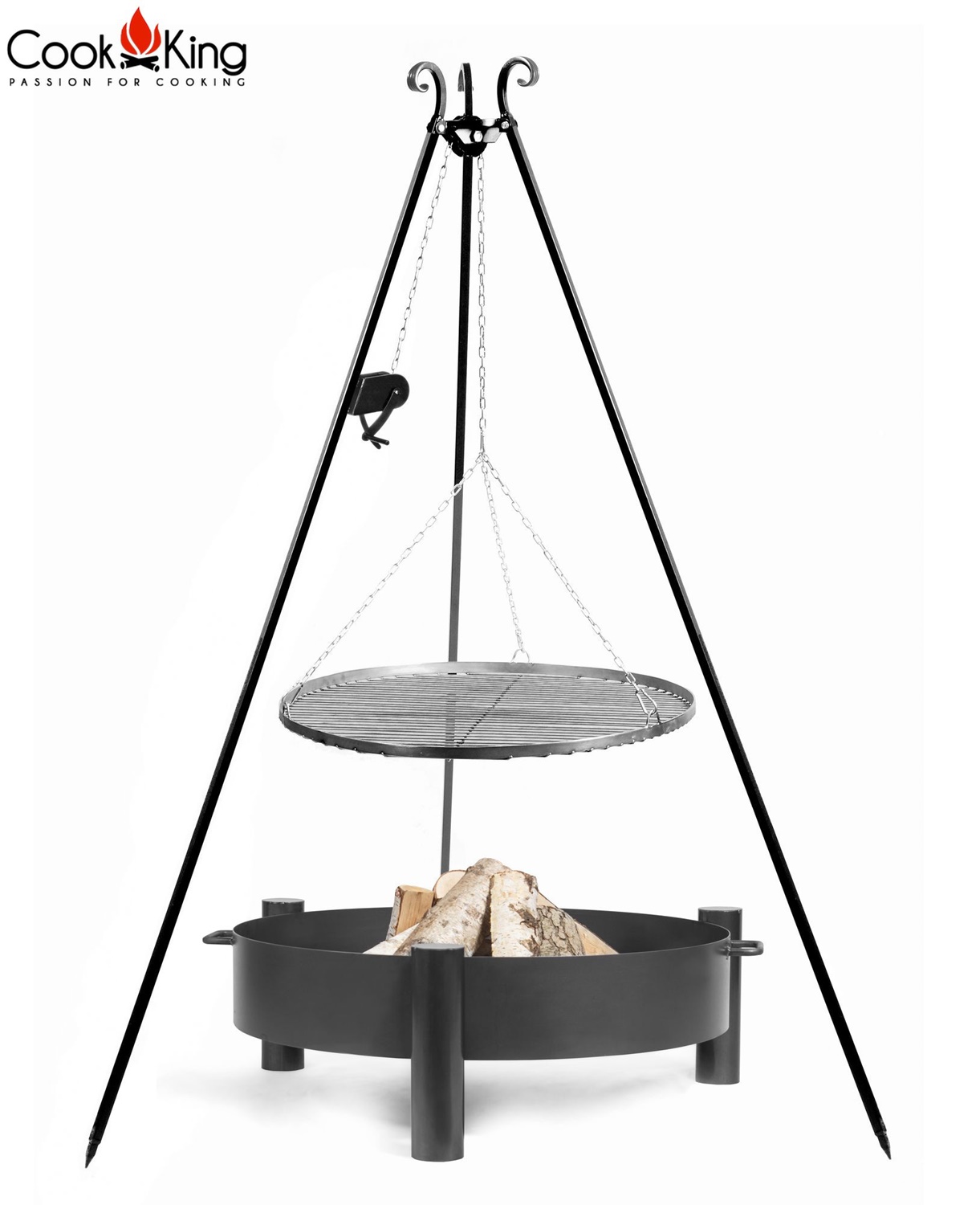 Set: Dreibein H 180 cm mit Grillrost Ø 70 cm aus Rohstahl und Kurbel + Feuerschale "Haiti" Ø 80 cm