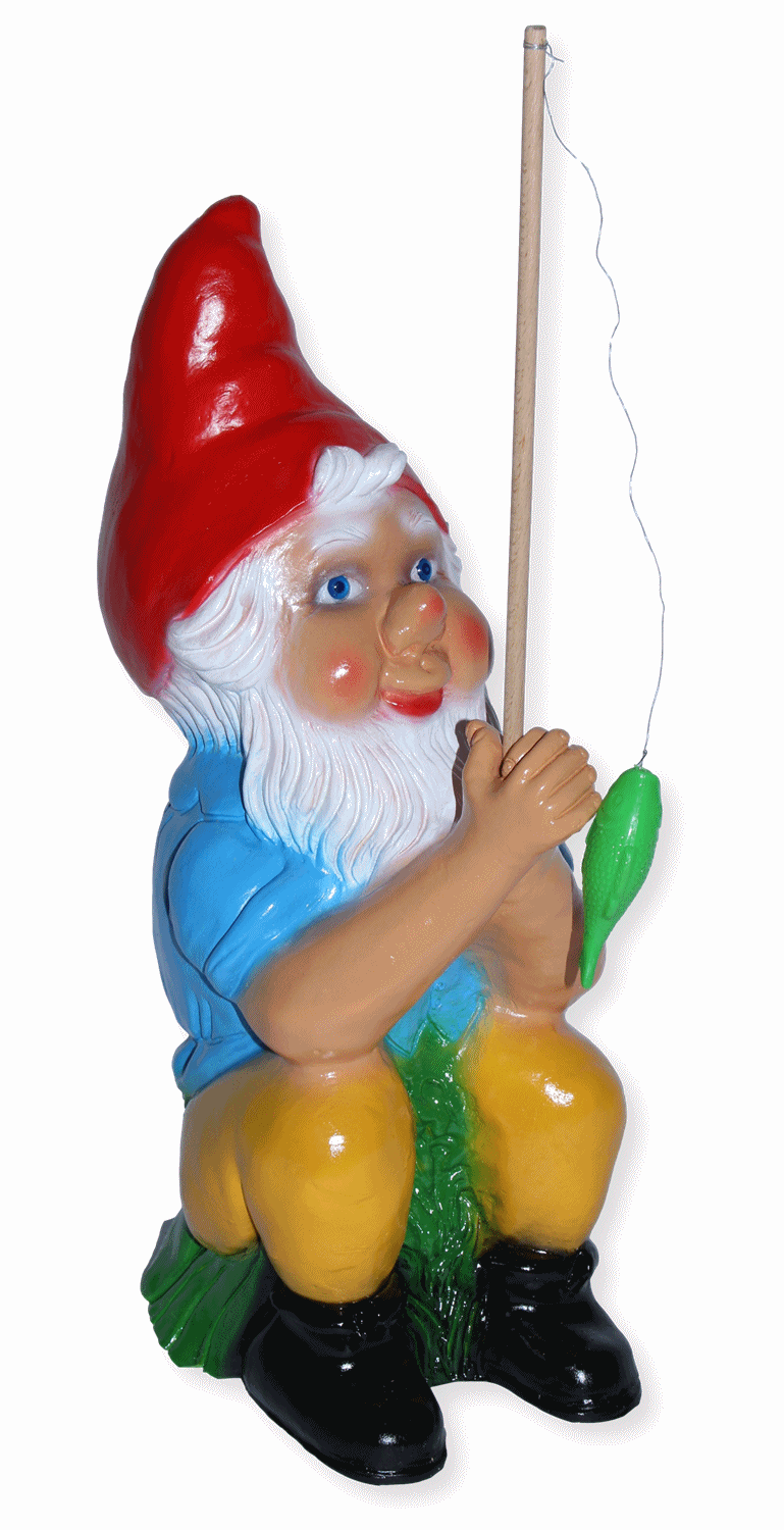 Gartenzwerg Deko Garten Figur Zwerg Angler sitzend mit Angelrute und Fisch aus Kunststoff H 38 cm
