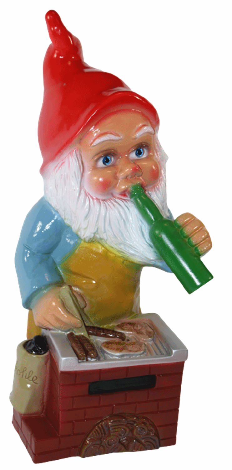 Gartenzwerg Deko Garten Figur Zwerg Grillmeister stehend mit Bierflasche aus Kunststoff H 45 cm