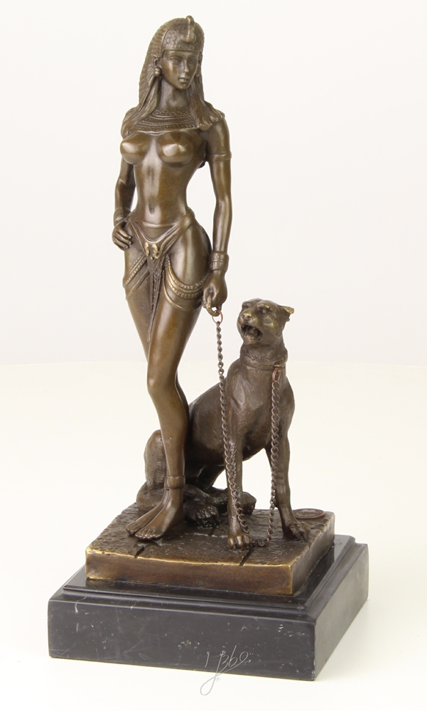 Bronzefigur Bronzeskulptur Bronze Figur Cleopatra Königin von Ägypten mit Panther H 25,5 cm