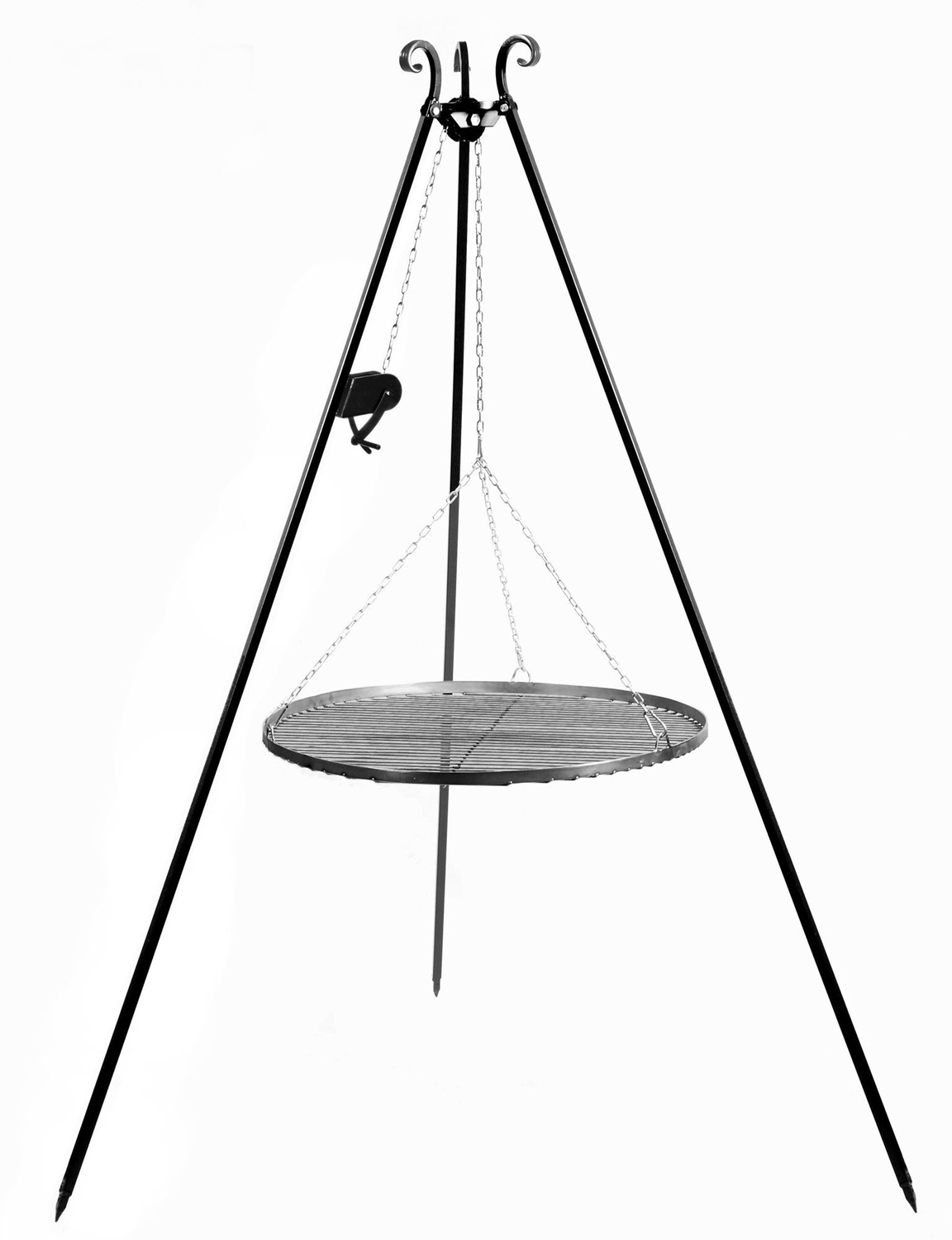 Dreibein mit Kurbel H 180 cm mit Grillrost Ø 50 cm aus Rohstahl Schwenkgrill Grill Grillständer