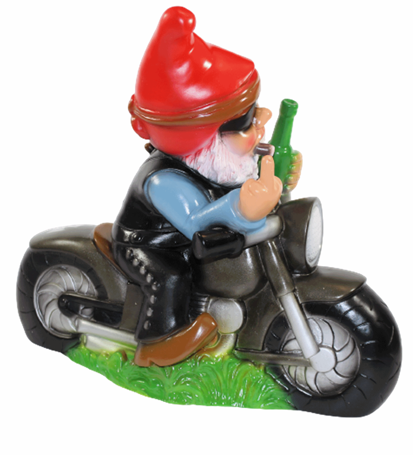 Gartenzwerg Deko Garten Figur Zwerg Biker auf Motorrad mit Stinkefinger aus Kunststoff H 33 cm