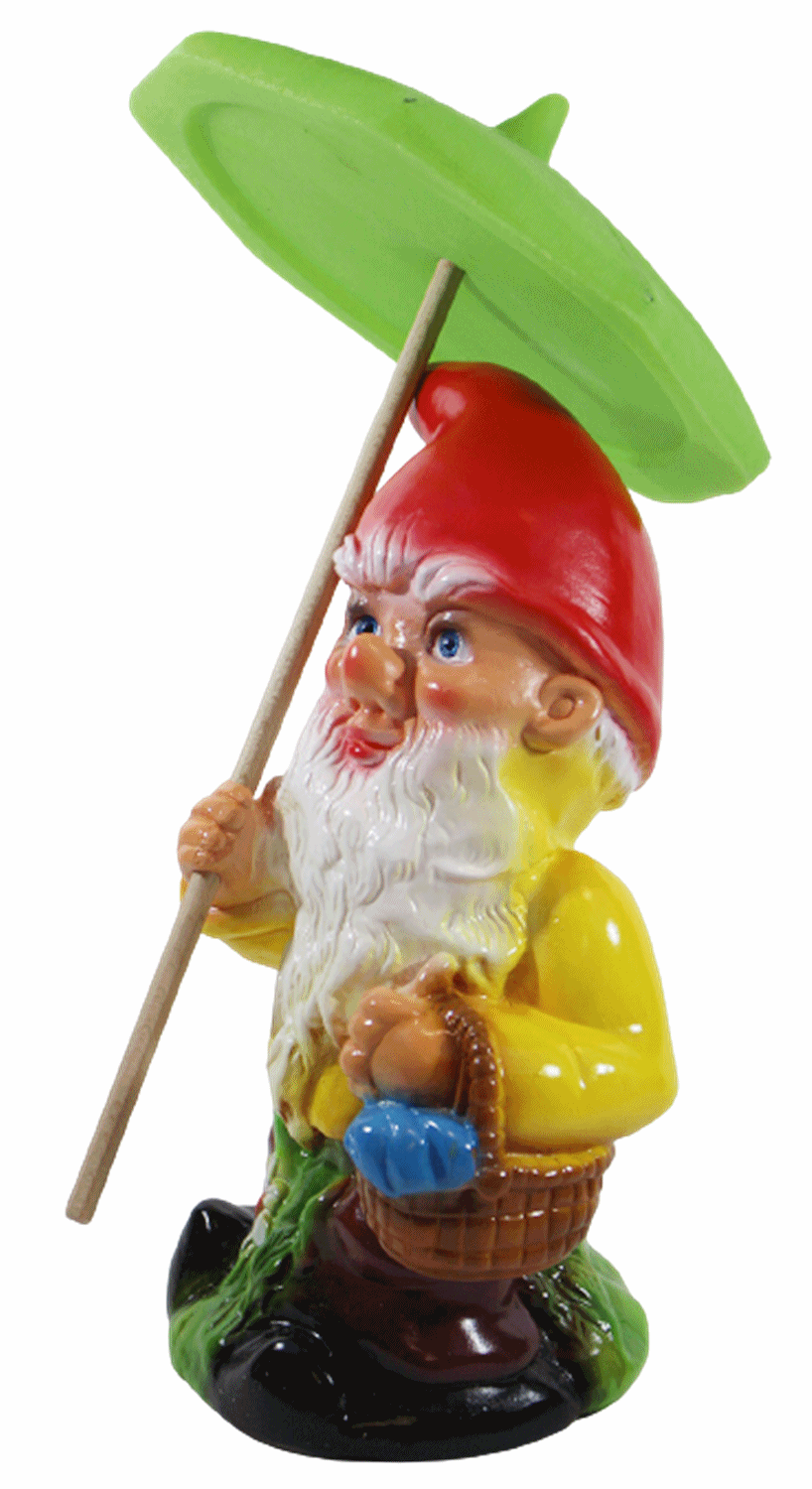 Gartenzwerg Deko Garten Figur Zwerg stehend mit Schirm und Korb aus Kunststoff H 37 cm