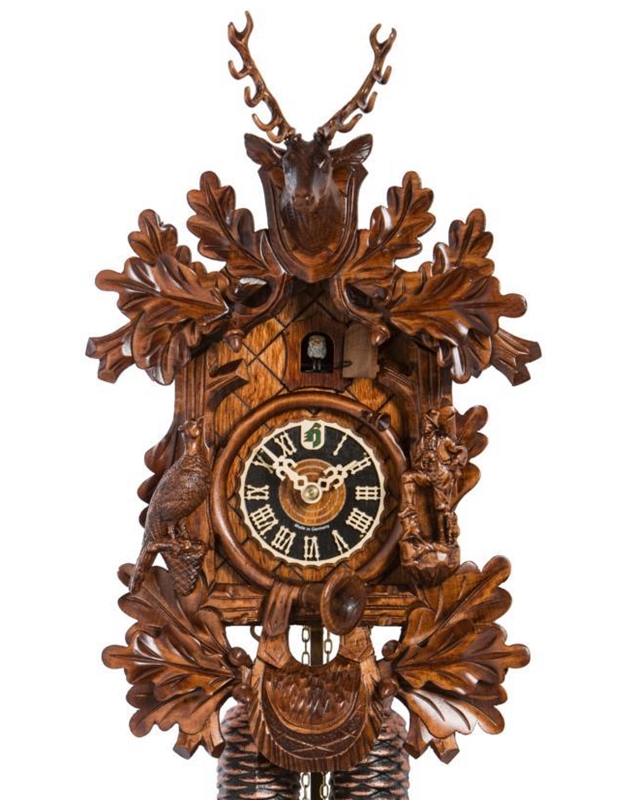 Schwarzwälder Kuckucksuhr mit Hirsch verziert aus Holz, Höhe 37 cm, mechanisches Uhrwerk