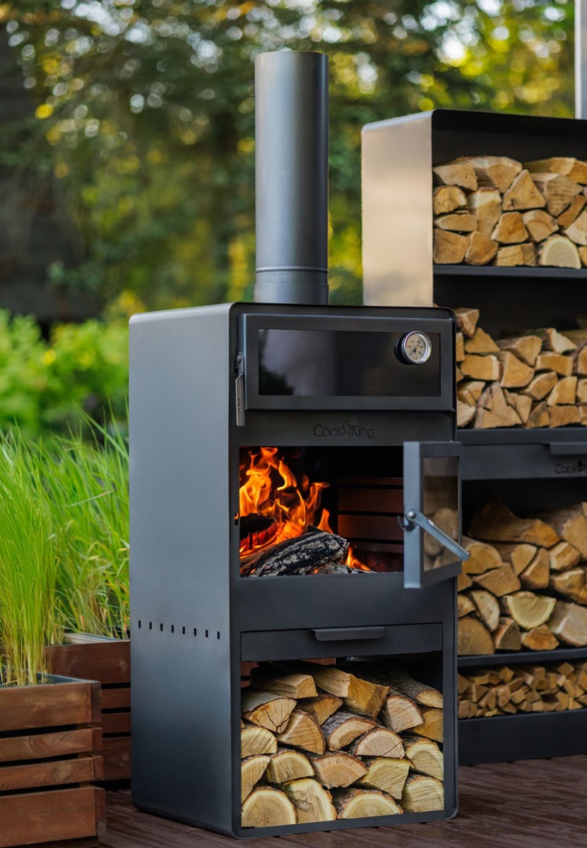 Gartenkamin Vento Pizza-Gartenofen Glastür H 150 cm zum Grillen Heizen Backen und Kaminregal