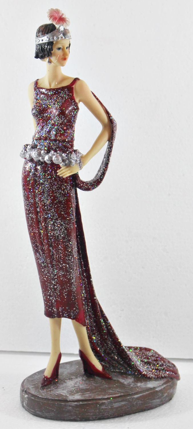 Beauty Figur Deko Modefigur Modepuppe Nostalgiefigur Dame rotes Kleid mit Kopfschmuck aus Resin