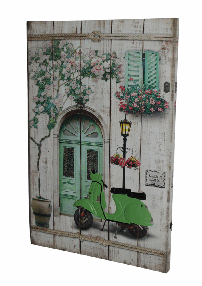 Nostalgie LED-Wandbild Gasse mit grünem Roller Vespa Blumen Vintage Stil  60x40 cm Leinwandbild