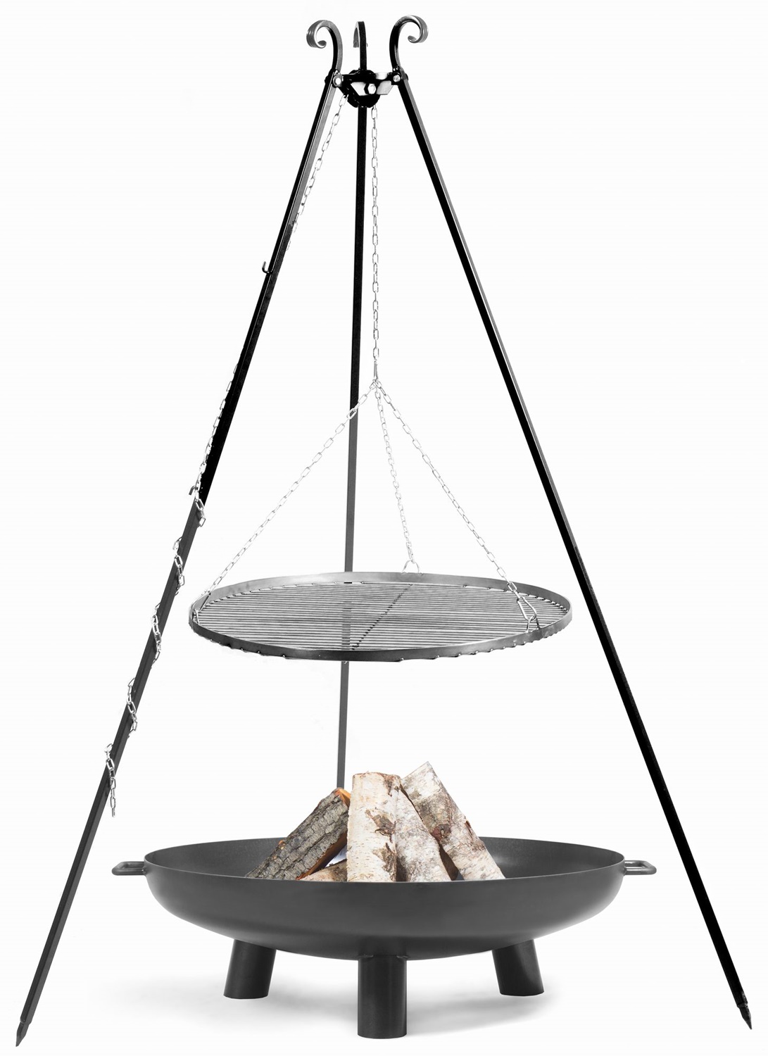 Set: Dreibein H 180 cm mit Grillrost Ø 50 cm Edelstahl + Feuerschale "Bali" Ø 60 cm Schwenkgrill