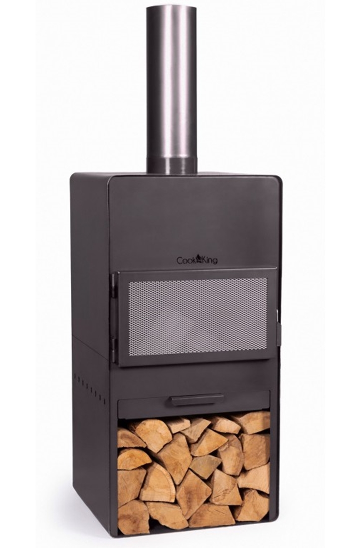 Gartenkamin "Vento" Gartenofen H 150 cm zum Grillen Heizen Terrassenofen mit Kaminregal Naturstahl