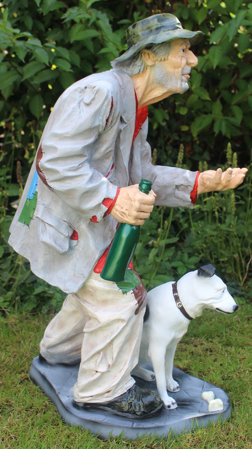 Dekofigur Bettler groß stehend mit Flasche in Hand und Hund am Fuß H 91 cm Gartenfigur aus Kunstharz
