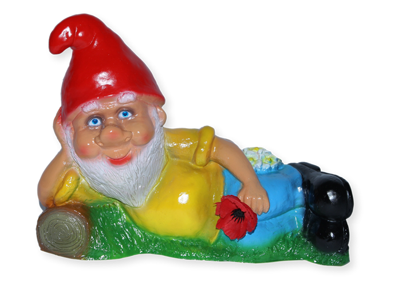 Deko Figur lustiger Zwerg H 21 cm Spaß Gartenzwerg liegend mit Blume Gartenfigur aus Kunststoff