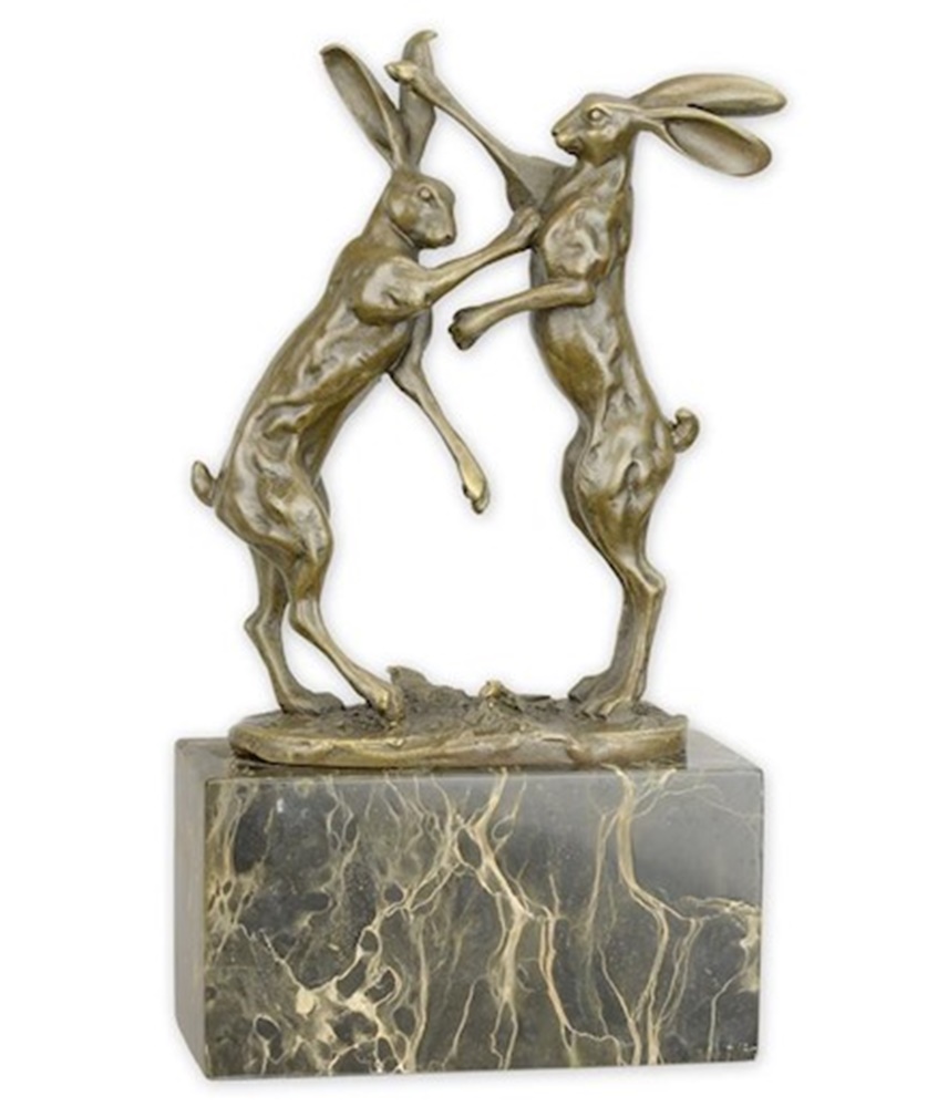Bronzefigur Bronzeskulptur Bronze Hasen boxend auf Marmorsockel H 24,5 cm Bronze Figur