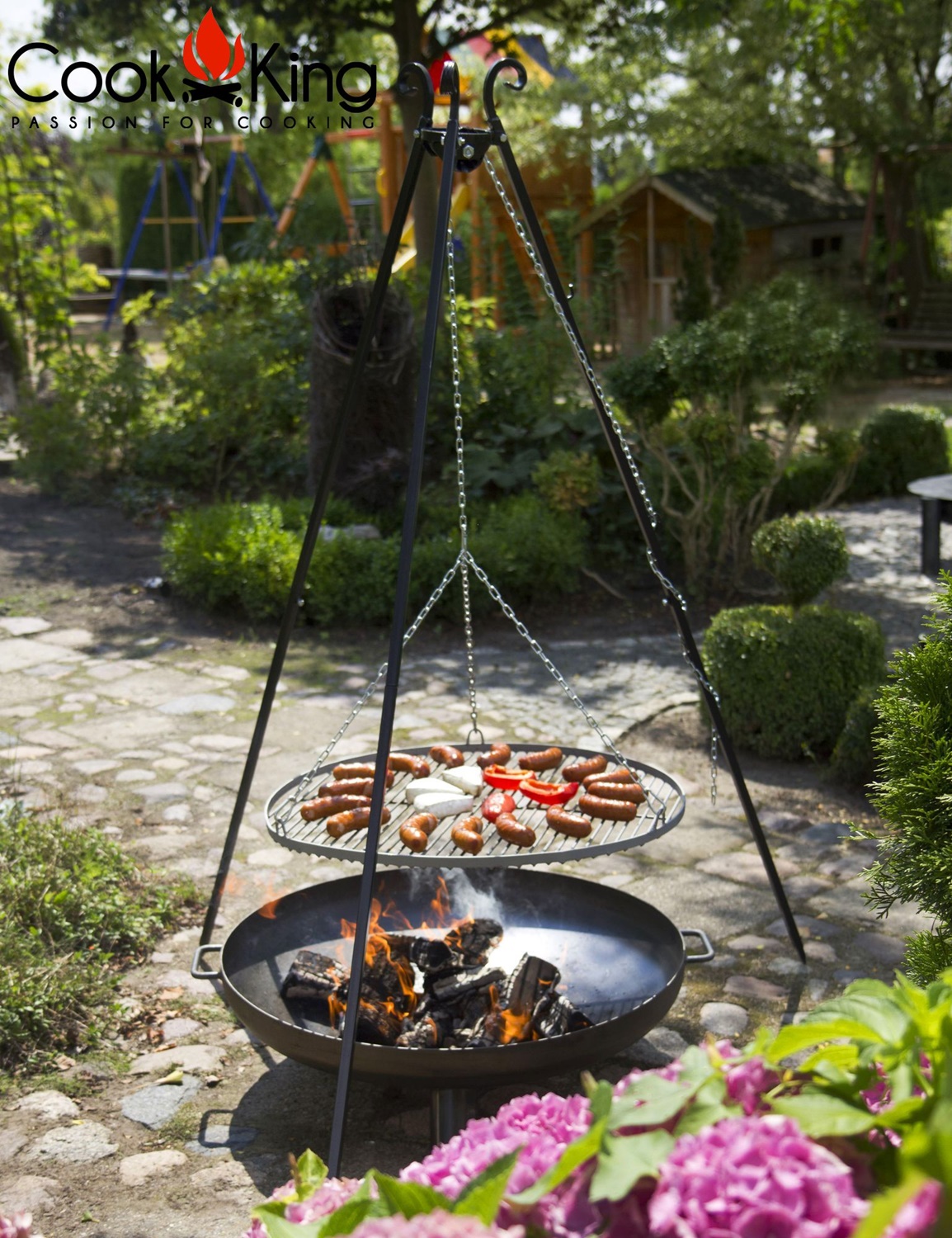 Set: Dreibein H 180 cm mit Grillrost Ø 70 cm Edelstahl + Feuerschale "Bali" Ø 80 cm Schwenkgrill