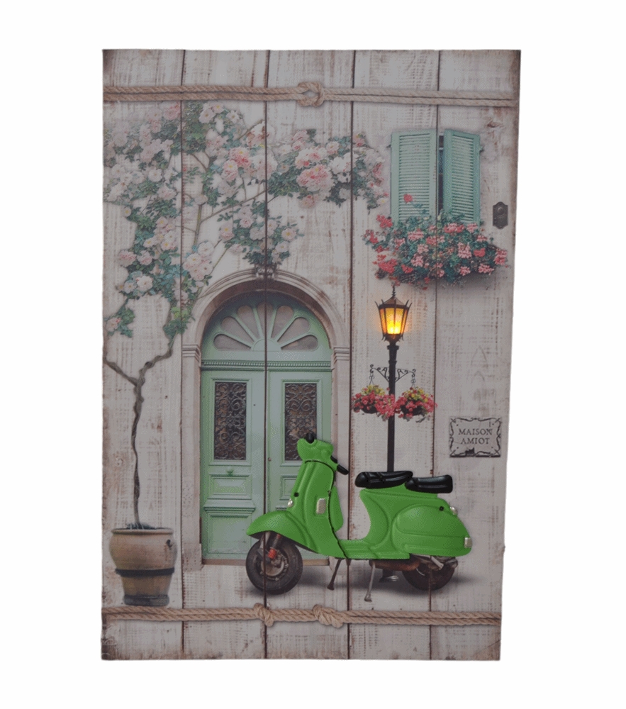 Nostalgie LED-Wandbild Gasse mit grünem Roller Vespa Blumen Vintage Stil  60x40 cm Leinwandbild