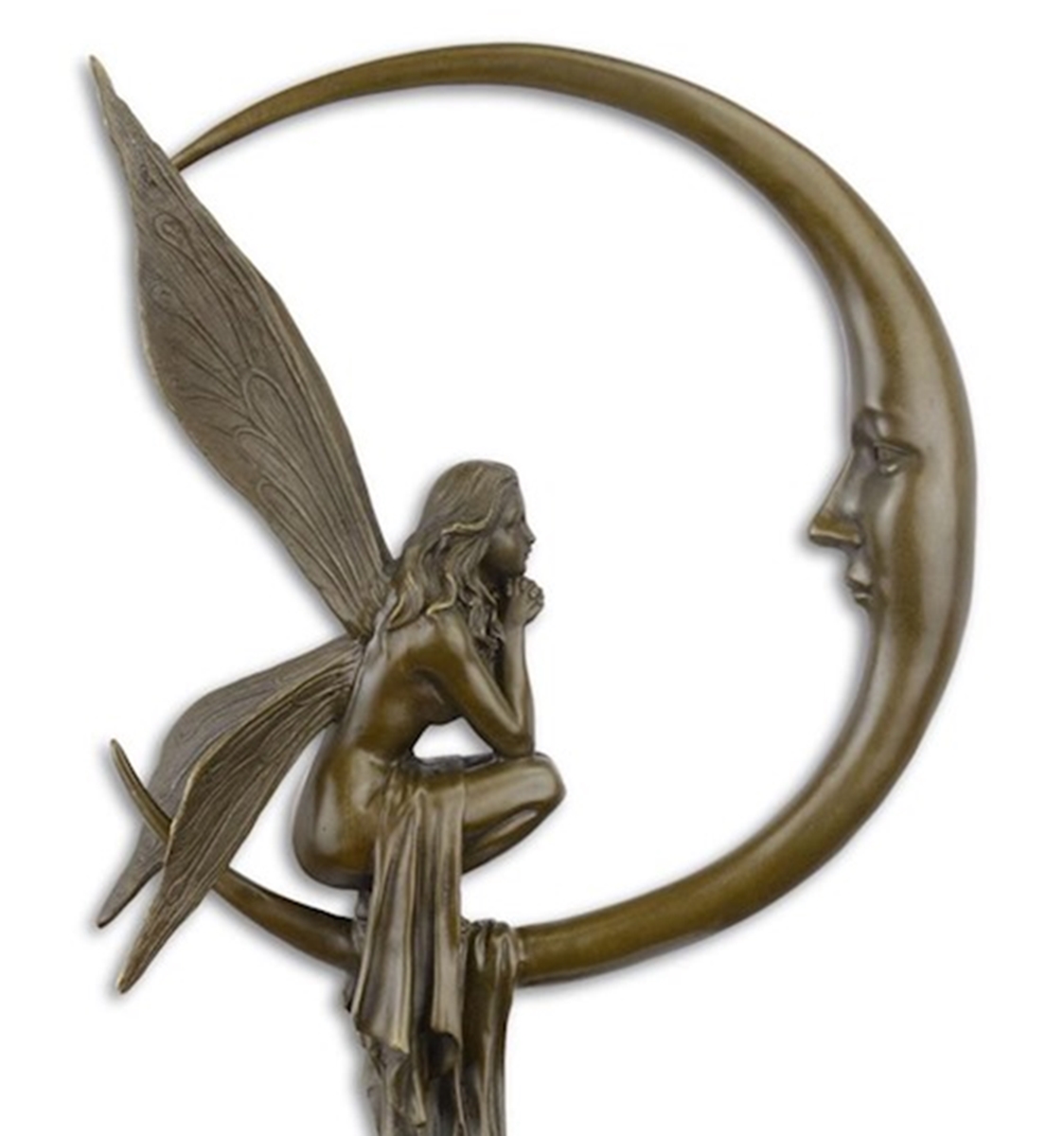 Bronzefigur Bronzeskulptur Bronze Elfe Fee auf Mond auf Marmorsockel H 41 cm Bronze Figur