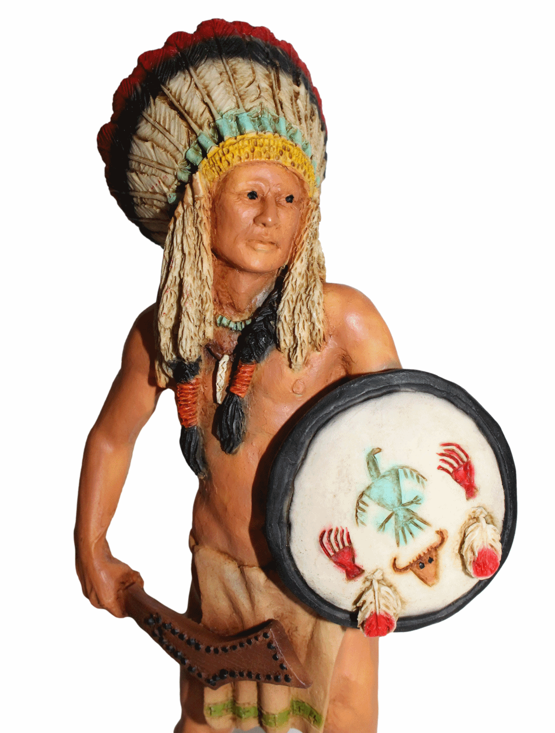 Indianerfigur Indianer Rain in the Face Kriegshäuptling Skulptur 18cm stehend mit Schild in der Hand
