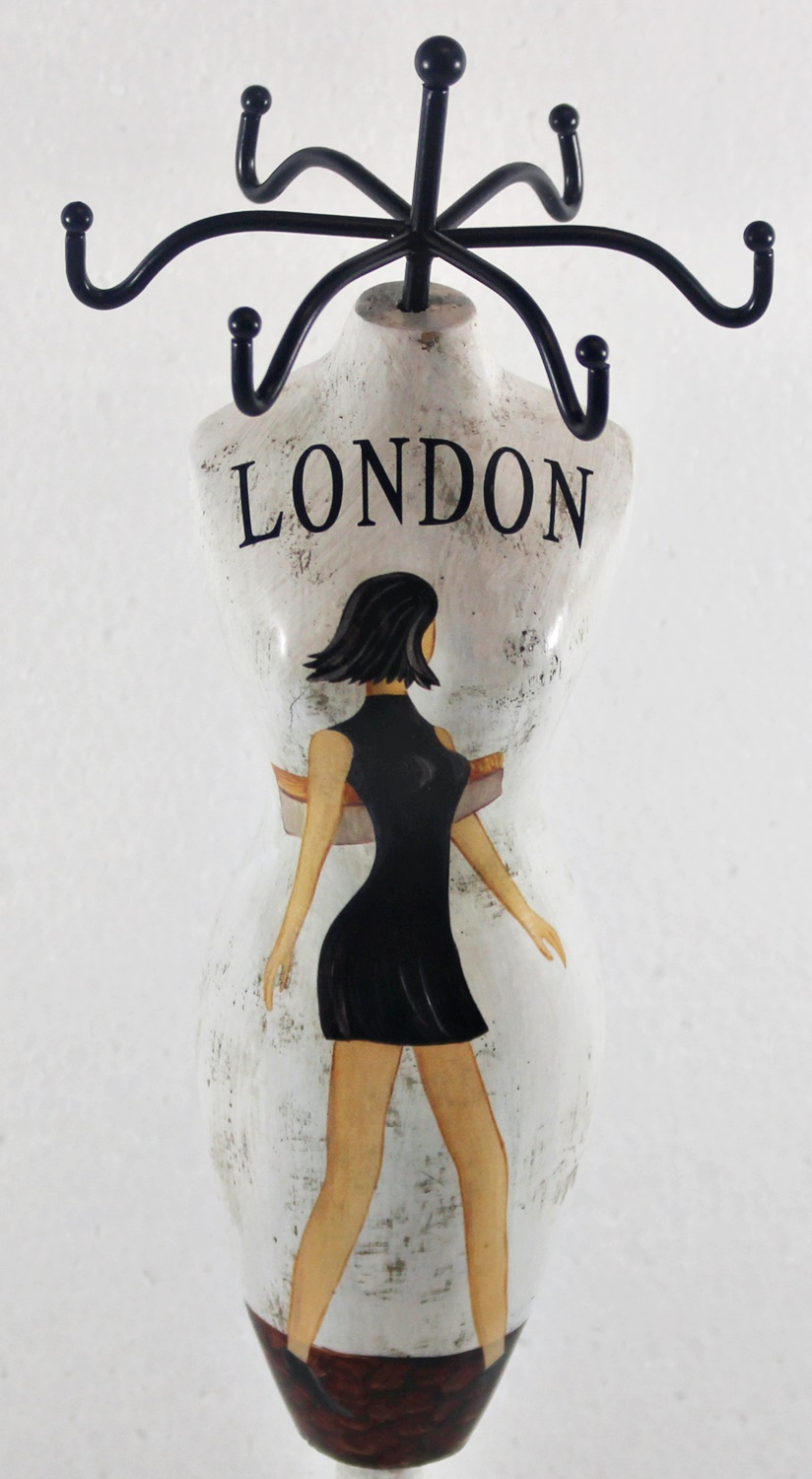 Schmuckbüste Beauty Figur Deko Modefigur Nostalgiefigur Weißes Torso mit London Schriftdruck H 28 cm