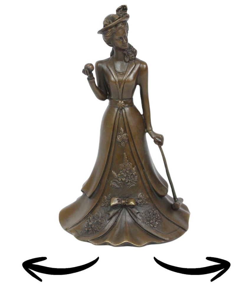 Bronze Tischglocke im Jugendstil mit Golferin Frau Motiv H 17 cm Elegante Tisch Golf Dekoration