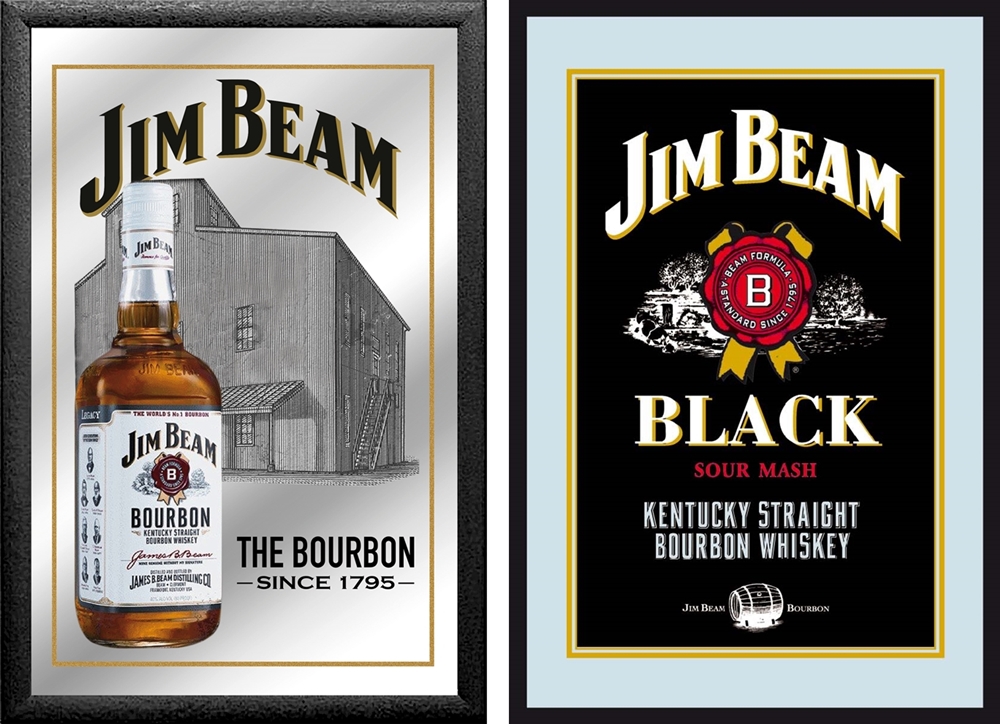 Set: 2 Spiegelbilder Jim Beam Whisky Flasche Emblem 30x20 cm Hinterglasdruck mit schwarzem Rahmen