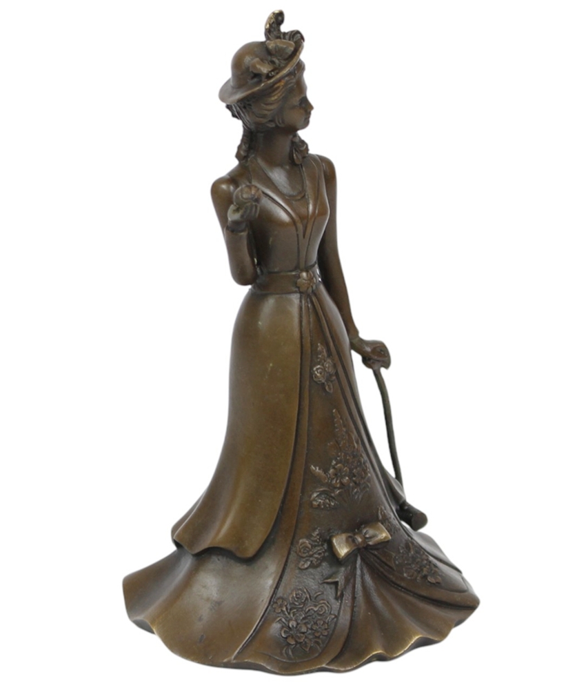Bronze Tischglocke im Jugendstil mit Golferin Frau Motiv H 17 cm Elegante Tisch Golf Dekoration