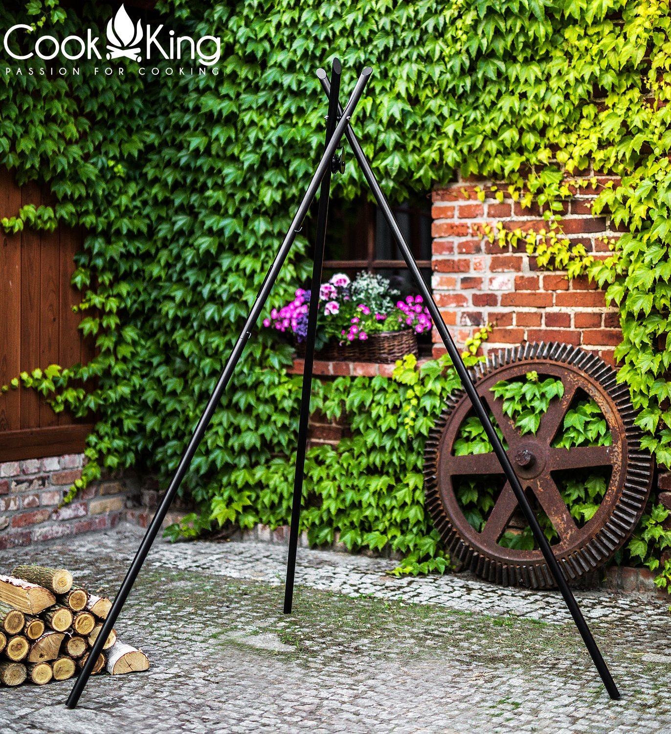 Premium Dreibein Gestell Tipi H 210 cm aus Naturstahl Grill Tripod Grillständer Schwenkgrill