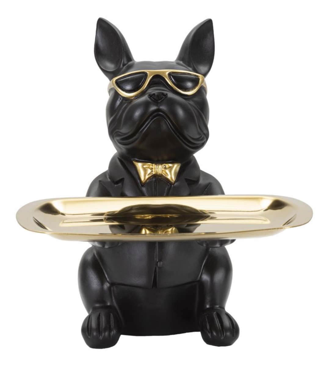 Dekofigur Hund Bulldogge Cool schwarz klein sitzend Tierfigur mit goldenem Tablett Brille H 23,5 cm