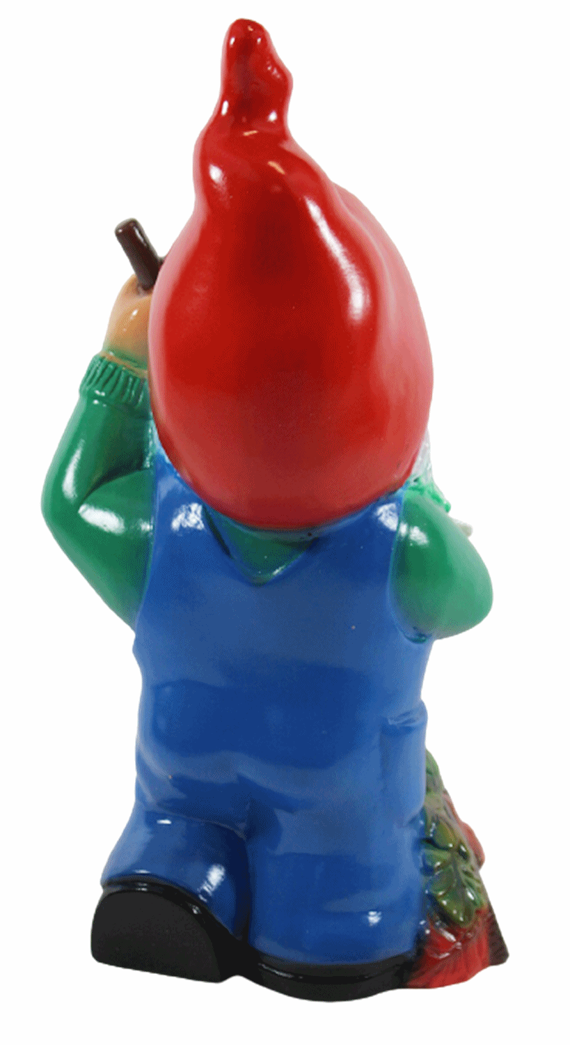 Gartenzwerg Deko Garten Figur Zwerg stehend mit Laubrechen und Igel aus Kunststoff H 34 cm