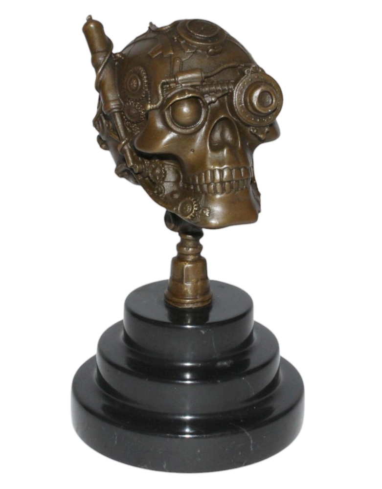 Bronzefigur Bronzeskulptur Bronze Steampunk Schädel auf Sockel Höhe 19 cm Skelett Figur