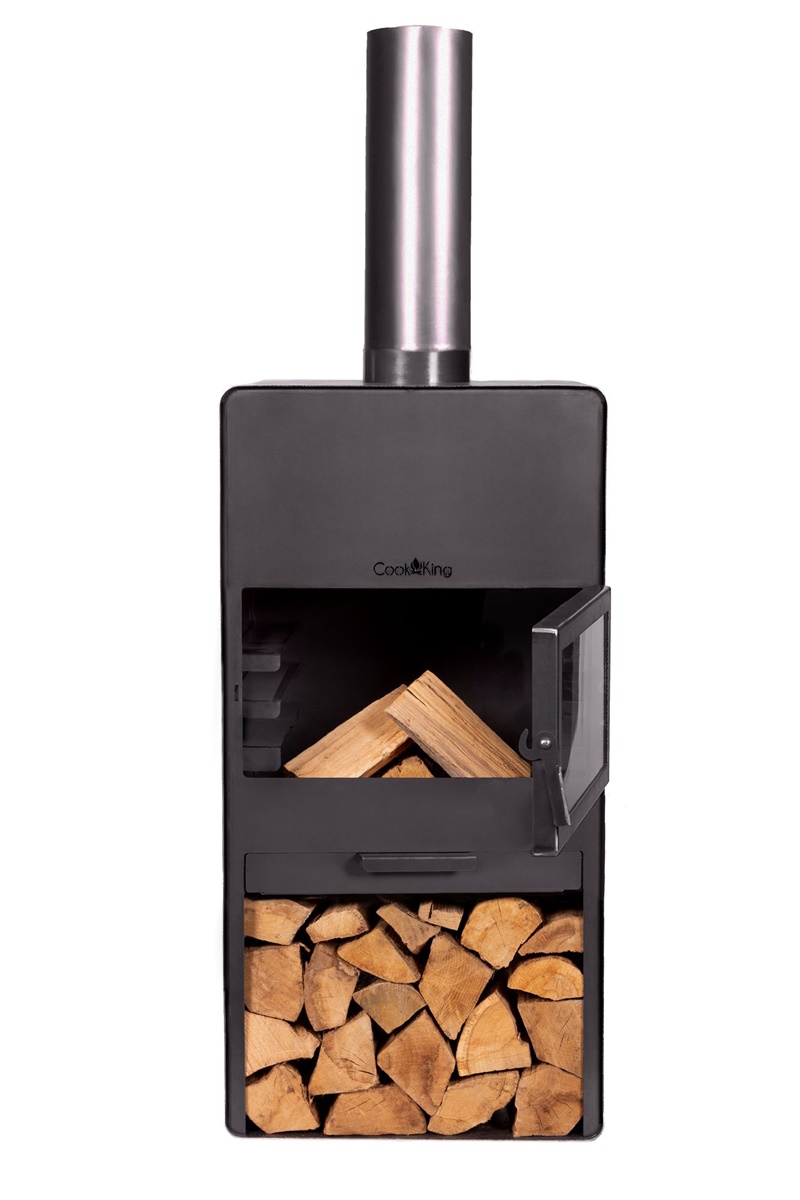 Gartenkamin "Vento" Gartenofen mit gehärtetem Glas H 150 cm zum Heizen und Grillen mit Kaminregal