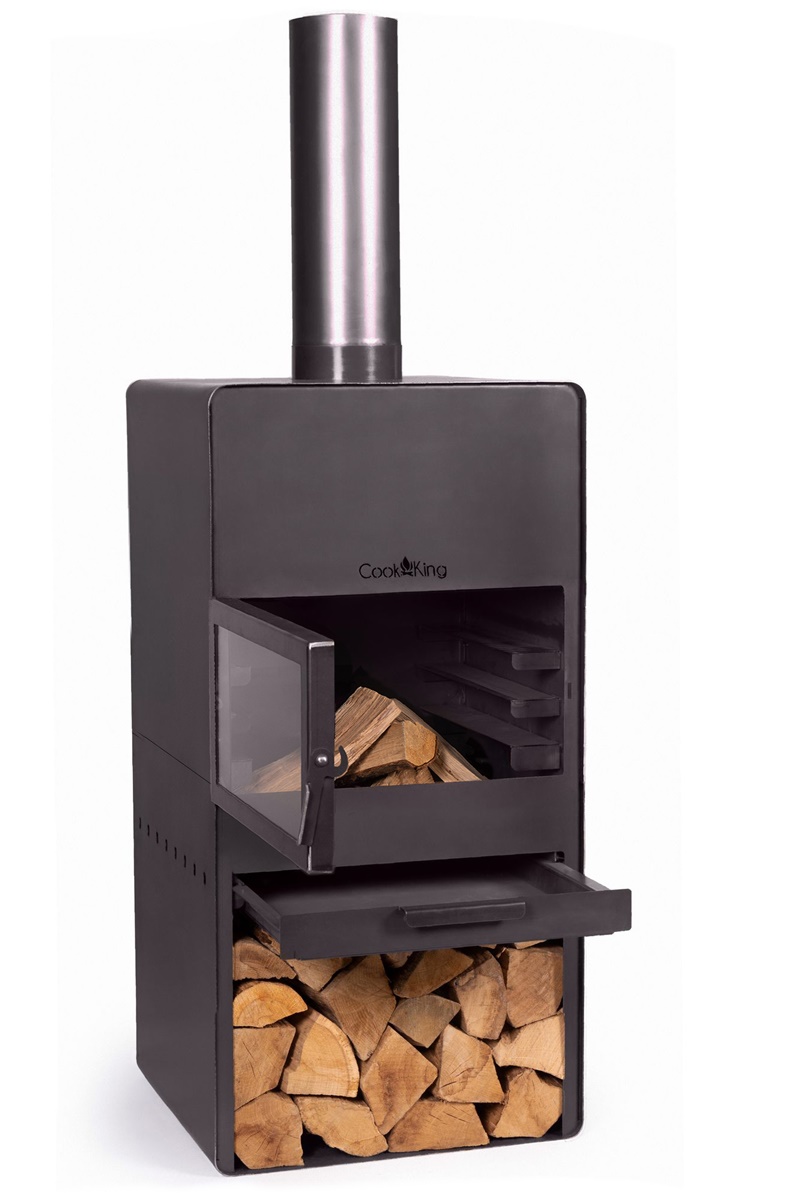 Gartenkamin "Vento" Gartenofen mit gehärtetem Glas H 150 cm zum Heizen und Grillen mit Kaminregal