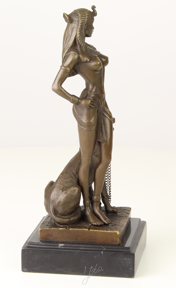 Bronzefigur Bronzeskulptur Bronze Figur Cleopatra Königin von Ägypten mit Panther H 25,5 cm